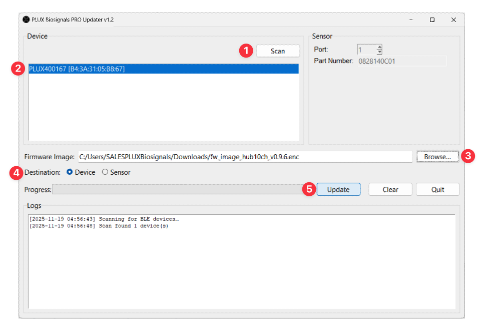 Screenshot of the PLUX Biosignals PRO Updater tool showing device scanning options, firmware image path, and update progress status.