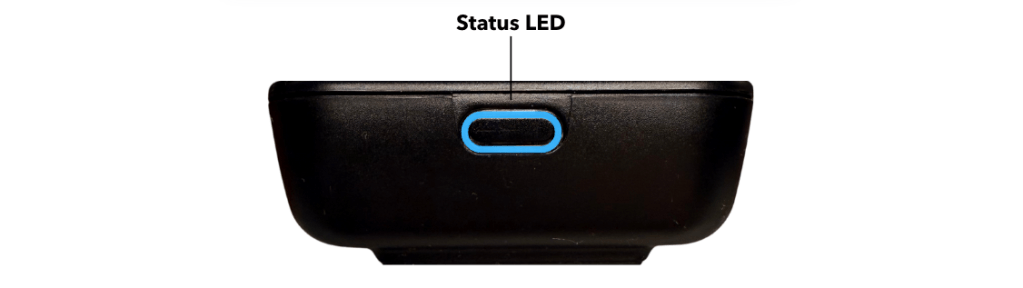 Close-up image of a device with a blue button and status LED indicator on its side.