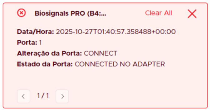Interface display showing connection status of the Biosignals PRO device, with details about port status and connection time.