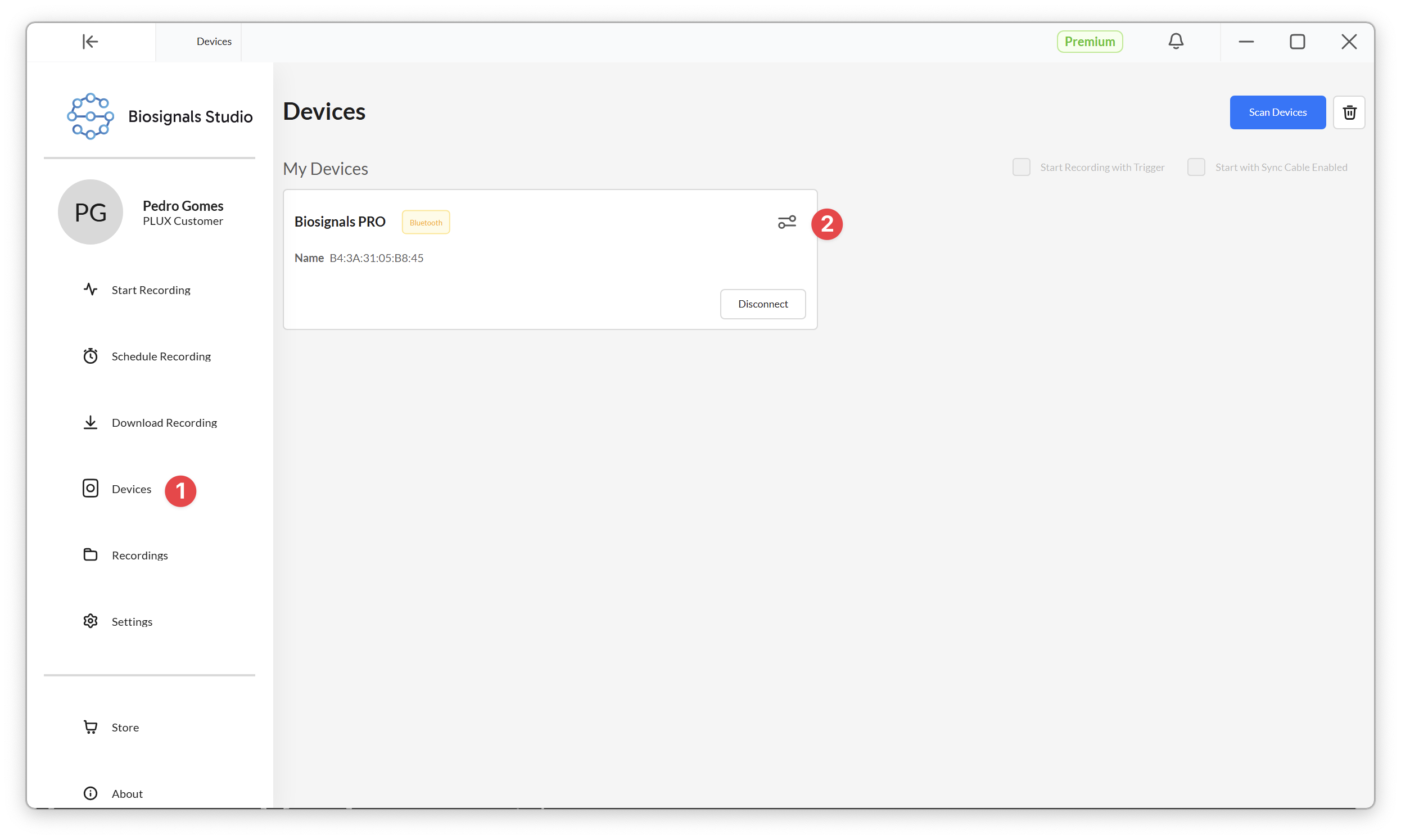 Screenshot of the Biosignals Studio application, displaying the 'Devices' section with a list of connected devices. Includes device name 'Biosignals PRO' and options to disconnect the device.