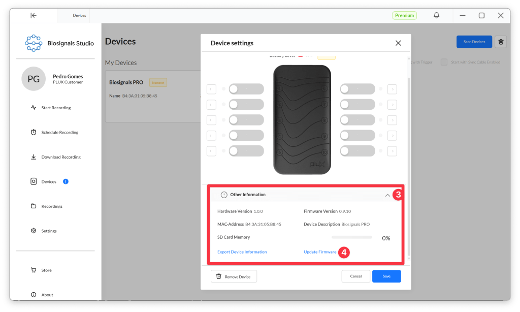 User interface of Biosignals Studio showing device settings for Biosignals PRO, including details like hardware version, firmware version, MAC address, and SD card memory information.