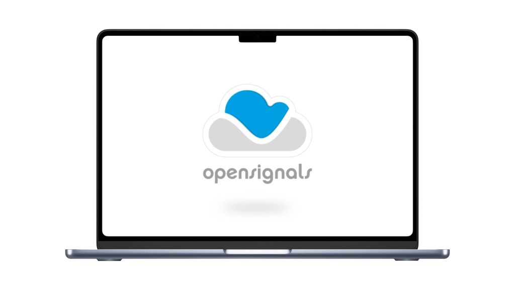 A laptop displaying the Opensignals logo on a white background.