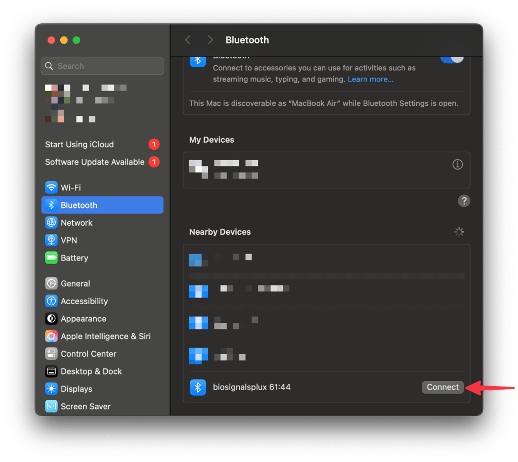 A screenshot of the Bluetooth settings on a Mac, displaying options for 'My Devices' and 'Nearby Devices,' along with a highlighted 'Connect' button for a specific Bluetooth device.