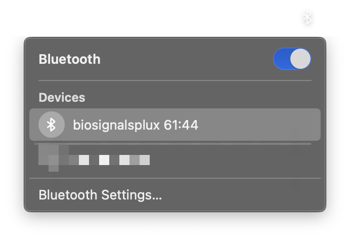 Bluetooth settings menu showing a device named biosignalsplux 61:44 and Bluetooth toggle.
