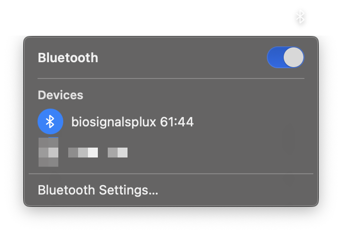 Bluetooth settings menu displaying an active Bluetooth connection to 'biosignalsplux 61:44' with options for additional settings.