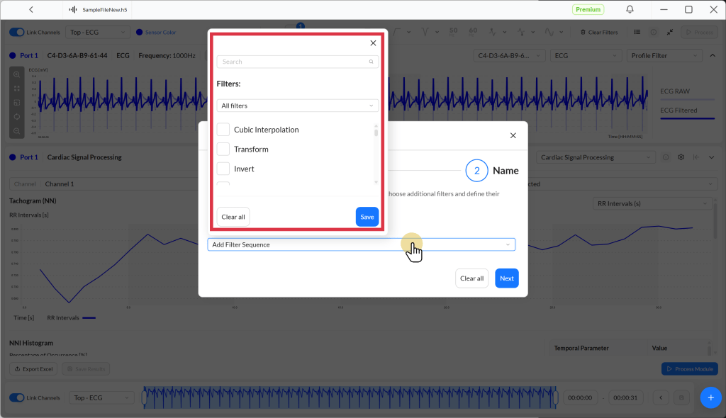 A user interface displaying a selection of filters for cardiac signal processing, including options like Cubic Interpolation, Transform, and Invert. The interface features graphs of ECG data and a Tachogram with corresponding RR intervals.