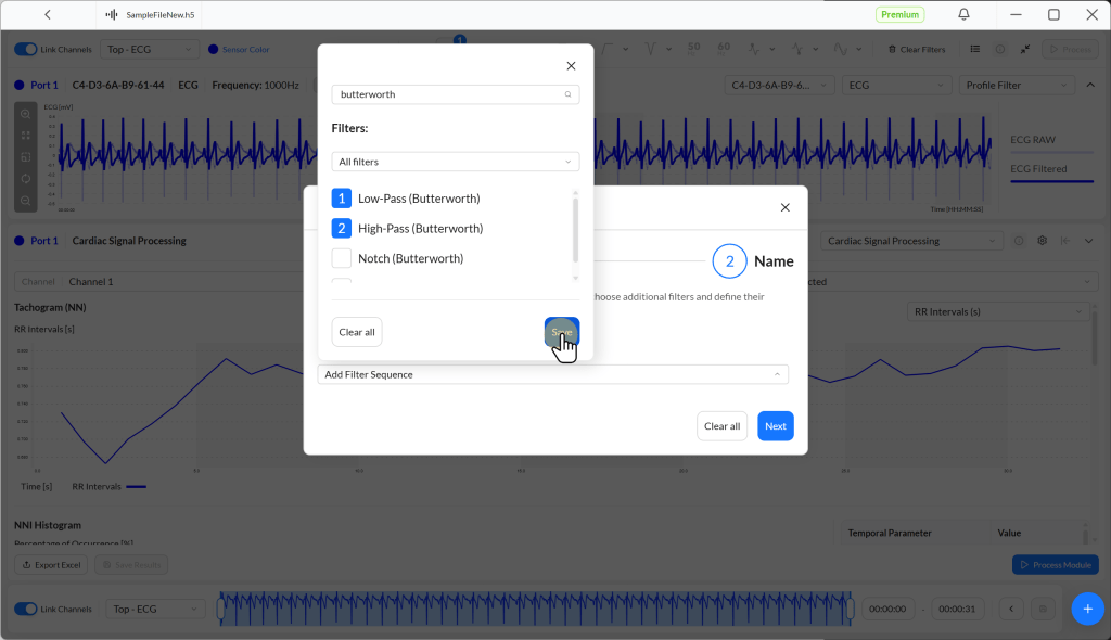 User interface displaying options for Butterworth filters in a cardiac signal processing application, with graphs showing ECG waveforms and RR intervals.
