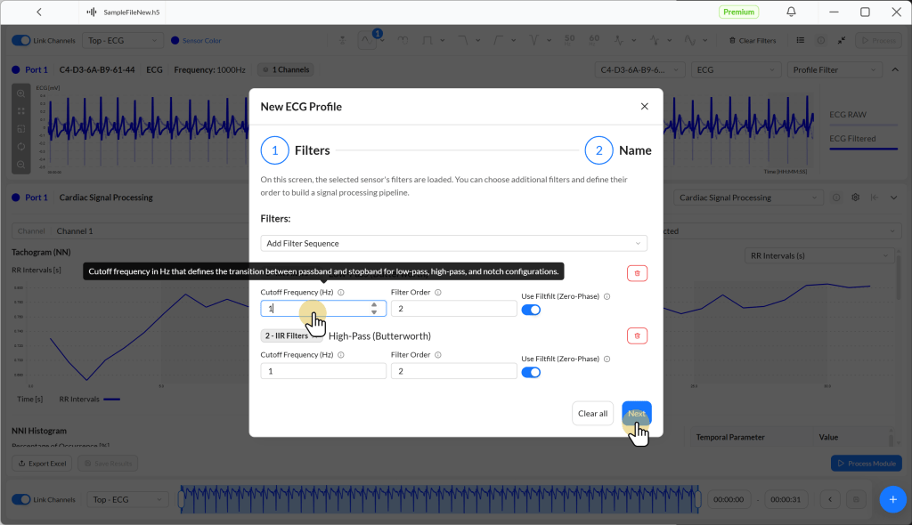 Screenshot of a software interface for creating a new ECG profile, showing filter options and settings for cardiac signal processing.