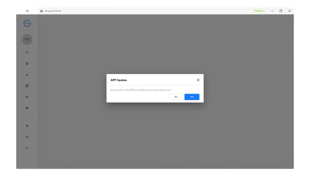 A pop-up message displaying an app update notification within a software interface, prompting the user to update the app with 'Yes' and 'No' options.