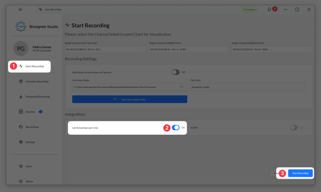Interface of Biosignals Studio showing the 'Start Recording' option with highlighted buttons for device configuration and settings.