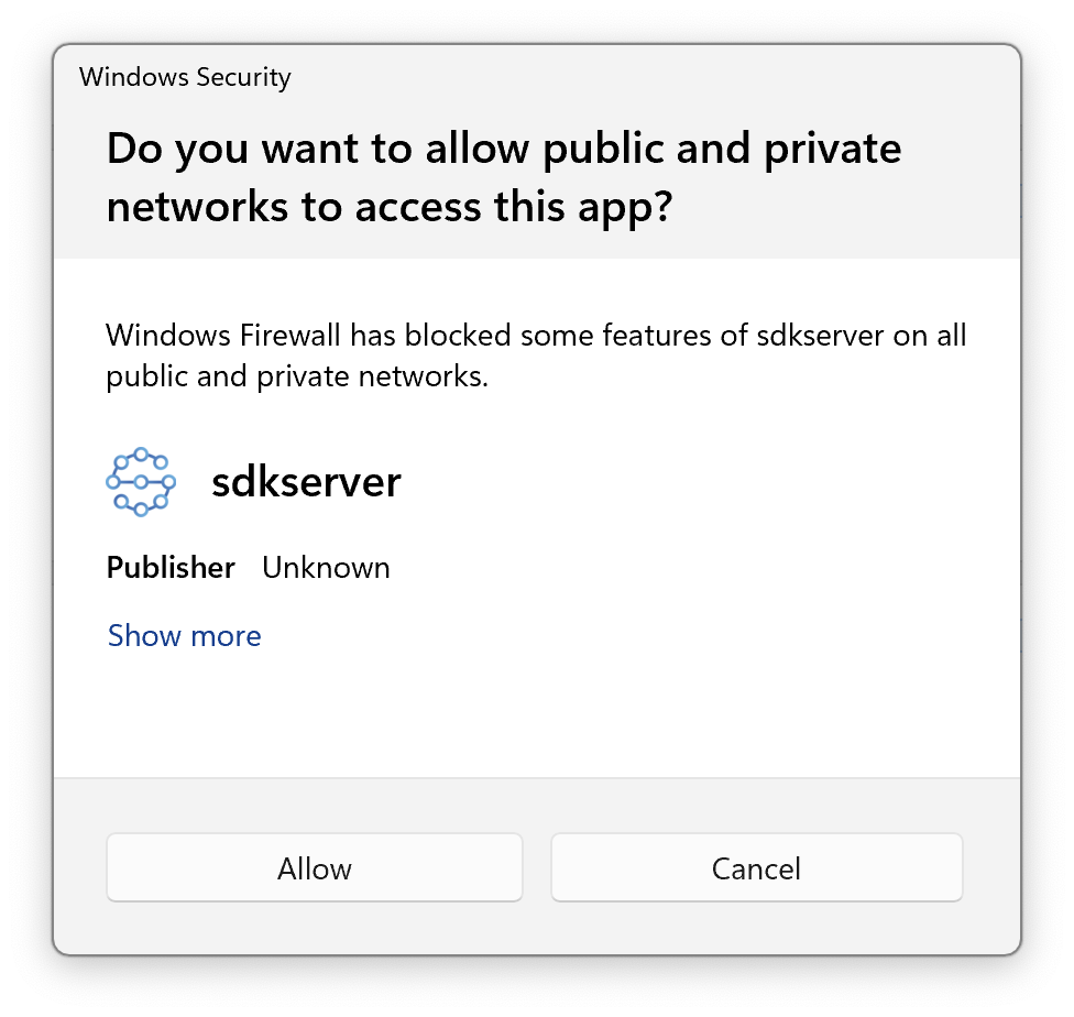Windows Security prompt asking to allow public and private networks access to the app 'sdkserver', with options to 'Allow' or 'Cancel'.