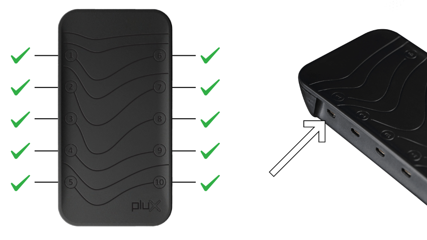 A black electronic device with ten numbered sections and check marks beside each number, indicating functionality, with an arrow pointing to a port on the side.