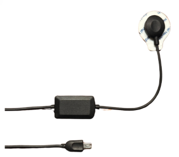 A medical electrocardiogram (ECG) electrode with a black lead and a USB connector.