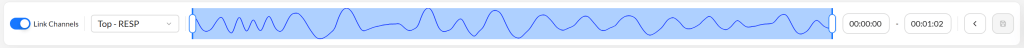 Graphical representation of a waveform with a blue background and varying wave patterns, indicating audio levels over time.