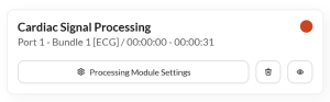 Cardiac signal processing interface displaying 'Port 1 - Bundle 1 [ECG]', time duration indicators, and processing module settings options.