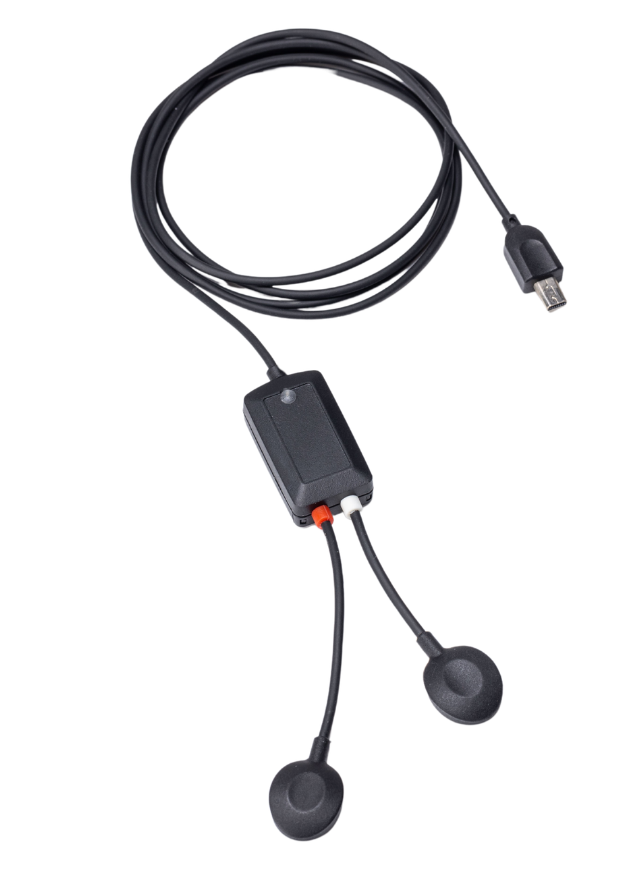 A pair of black earphones with a control box in the middle and a USB connector.