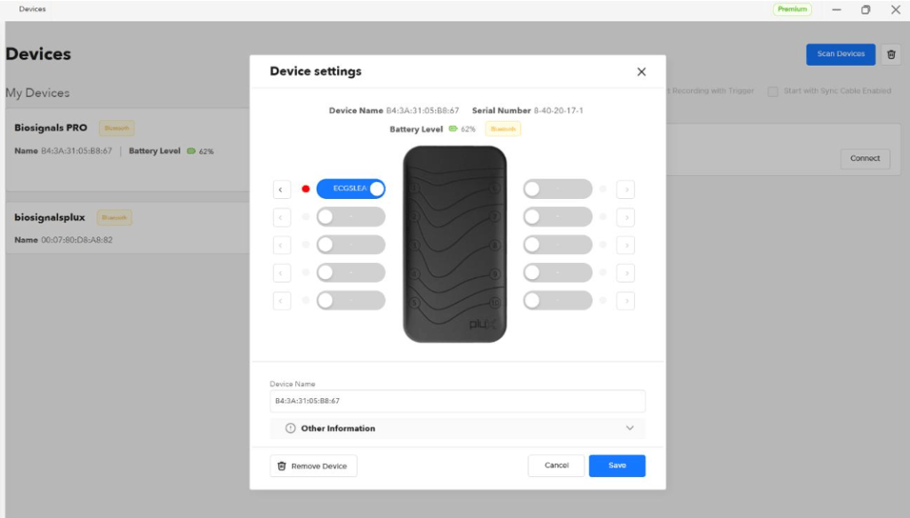 Device settings interface displaying details for Biosignals PRO including device name, battery level at 62%, and options for configuration.