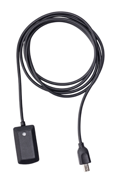 A black USB cable with a rectangular connector and a long, coiled wire.