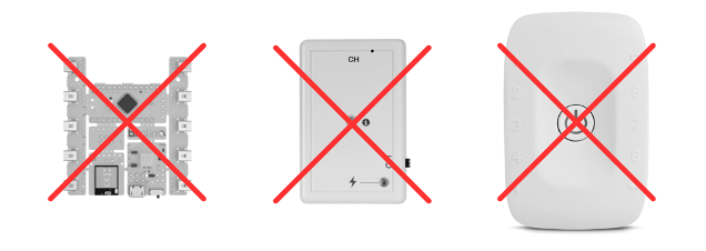 Three electronic components crossed out with red Xs: a circuit board, a control box, and a wireless device.