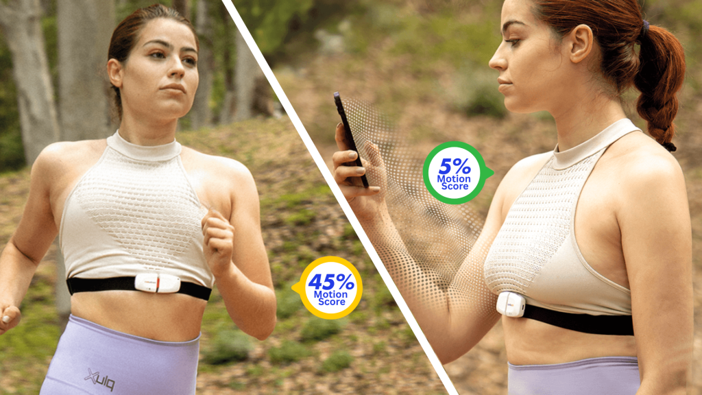 A woman is running in a forest wearing a sports bra with a motion sensor, displaying a 45% motion score.