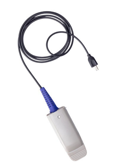 A handheld device with a blue connector and a long black cable ending in a plug.
