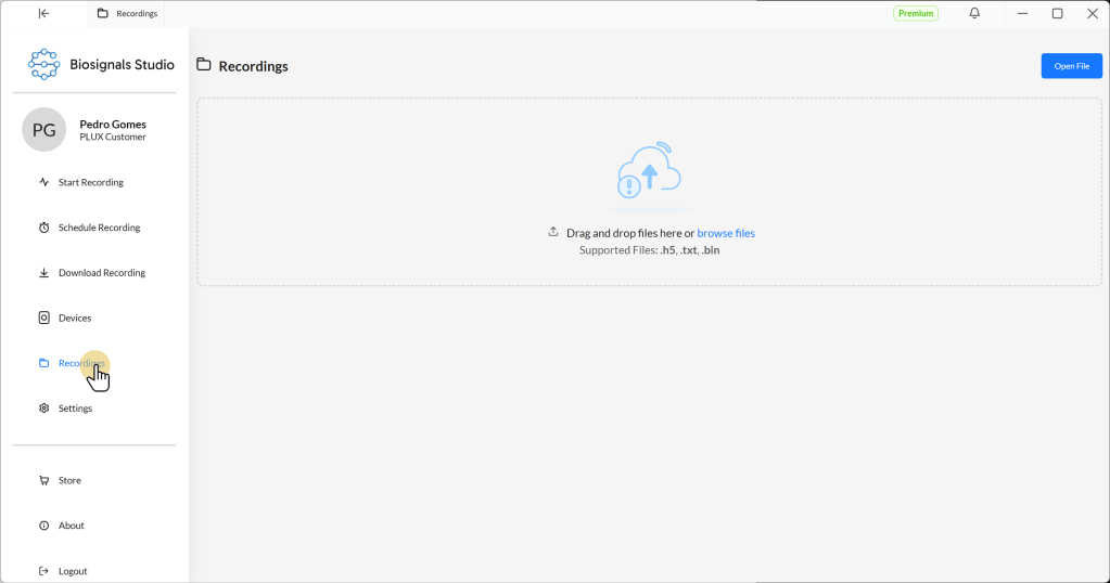 User interface of Biosignals Studio showing the Recordings section, with options to start, schedule, and download recordings. A drag-and-drop area for file uploads is visible, along with supported file types.