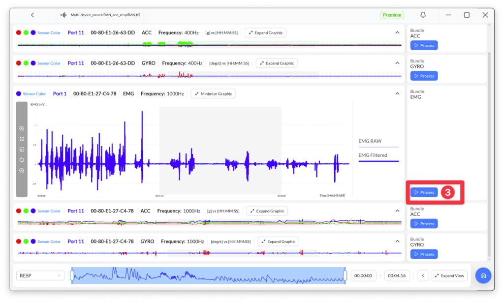 Screenshot of a software interface displaying multiple sensor data streams including ACC, GYRO, and EMG with frequency settings and options to process the data.