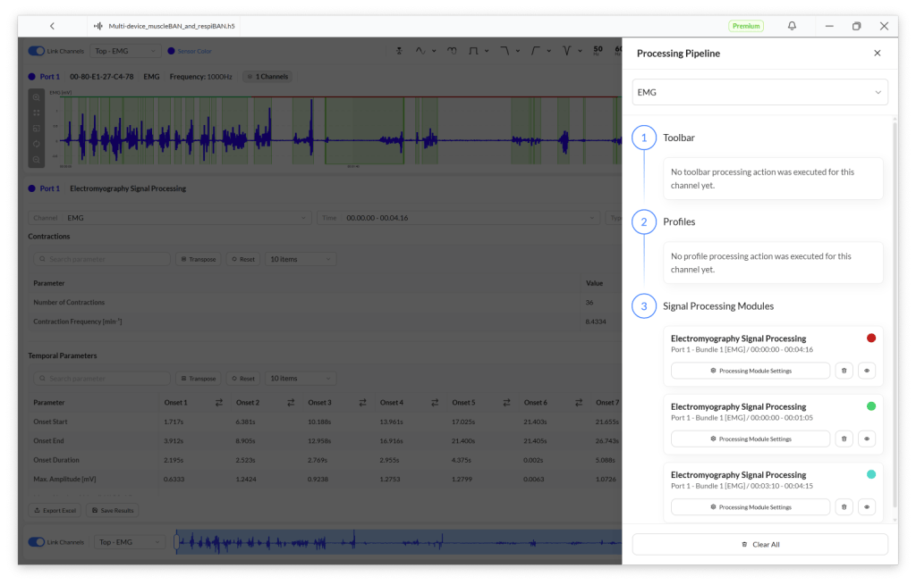 Screenshot of an electromyography data processing interface, displaying a timeline with EMG signal waves, a toolbar, and parameters for contraction analysis.