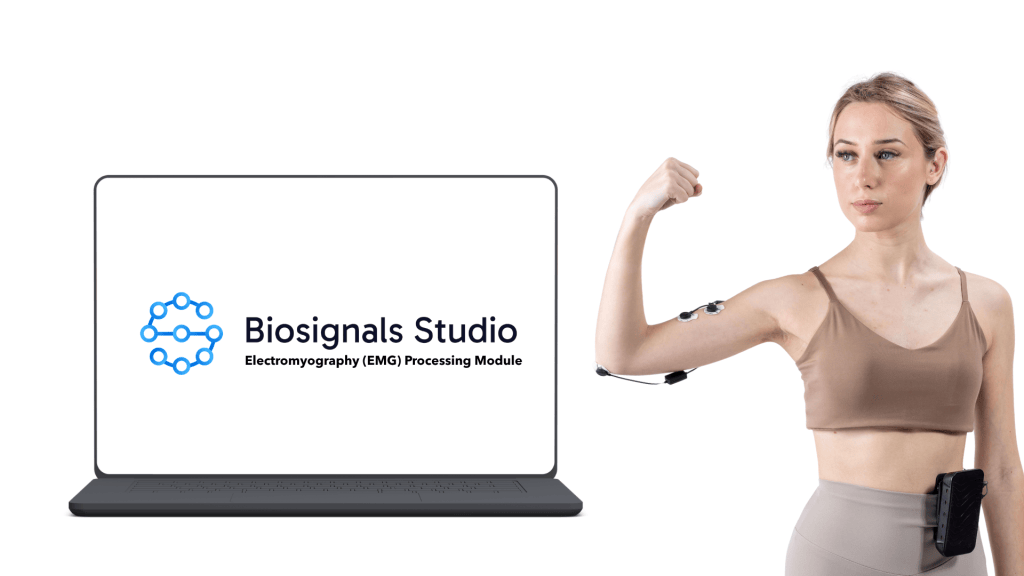 A woman demonstrating the use of an electromyography device on her arm, beside a laptop displaying the Biosignals Studio logo and 'Electromyography (EMG) Processing Module'.