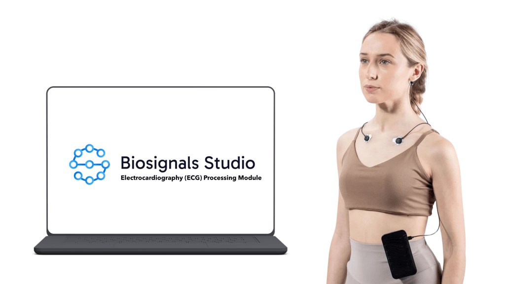 A woman wearing a brown top stands next to a laptop displaying the Biosignals Studio logo and text about an Electrocardiography (ECG) Processing Module.